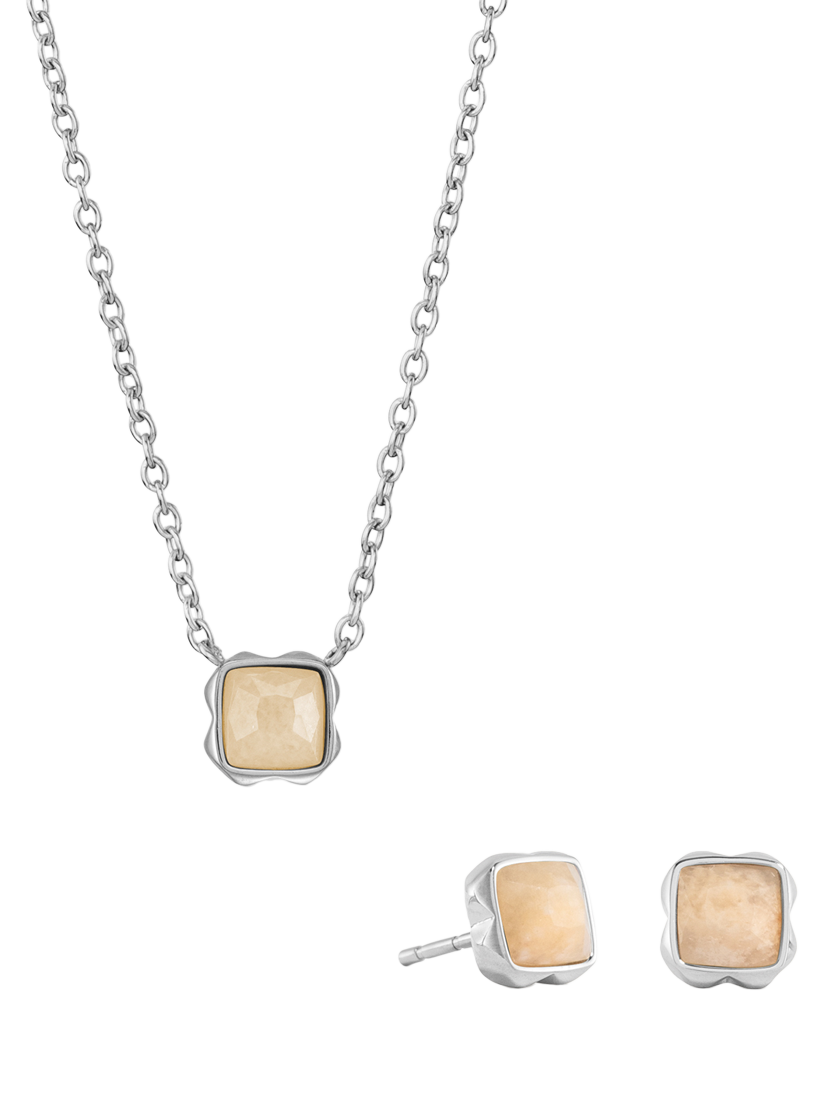 Product image 1 of 1, which shows COEUR DE LION Semi-Precious Stone Pendant Necklace and Stud Earring Set, Silver, Cream Jade/June