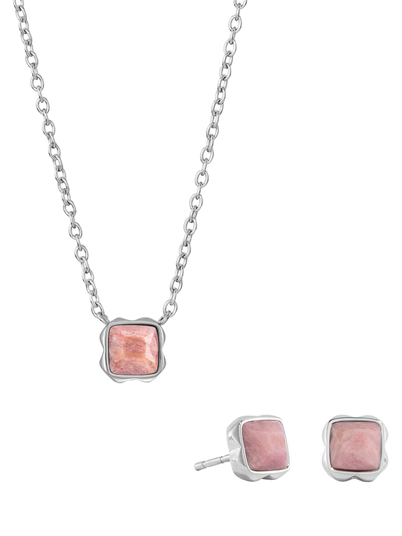Product image 1 of 1, which shows COEUR DE LION Semi-Precious Stone Pendant Necklace and Stud Earring Set, Silver, Rhodochrosite/July