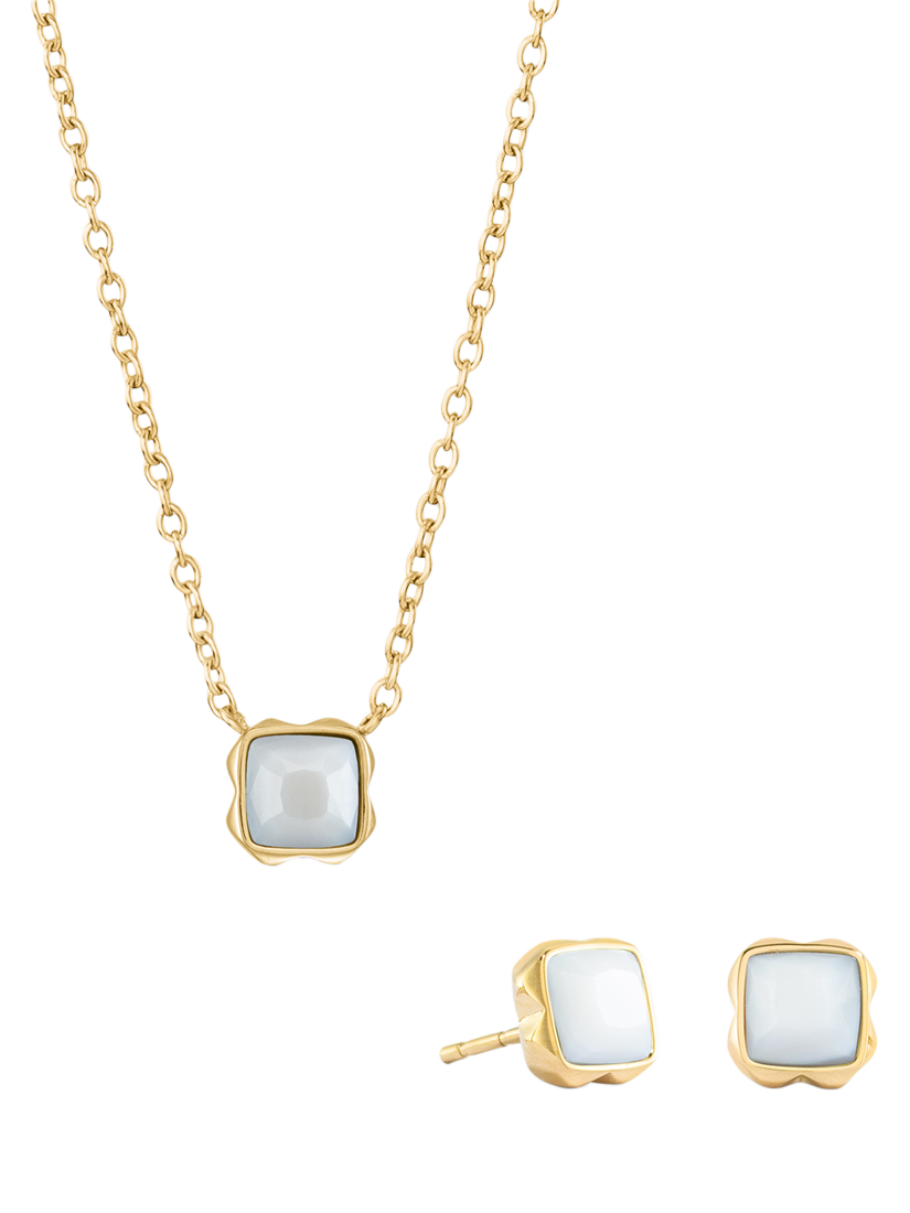 Product image 1 of 1, which shows COEUR DE LION Semi-Precious Stone Pendant Necklace and Stud Earring Set, Gold, White Quartz/April