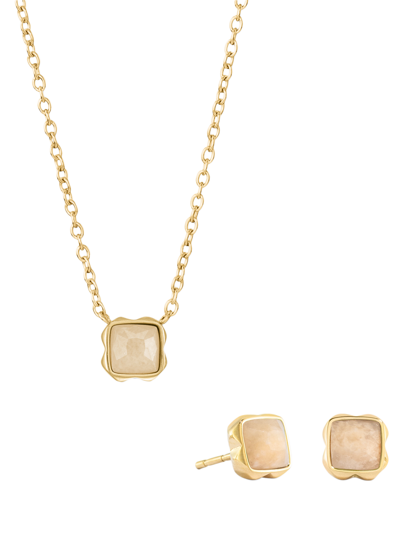 Product image 1 of 1, which shows COEUR DE LION Semi-Precious Stone Pendant Necklace and Stud Earring Set, Gold, Cream Jade/June