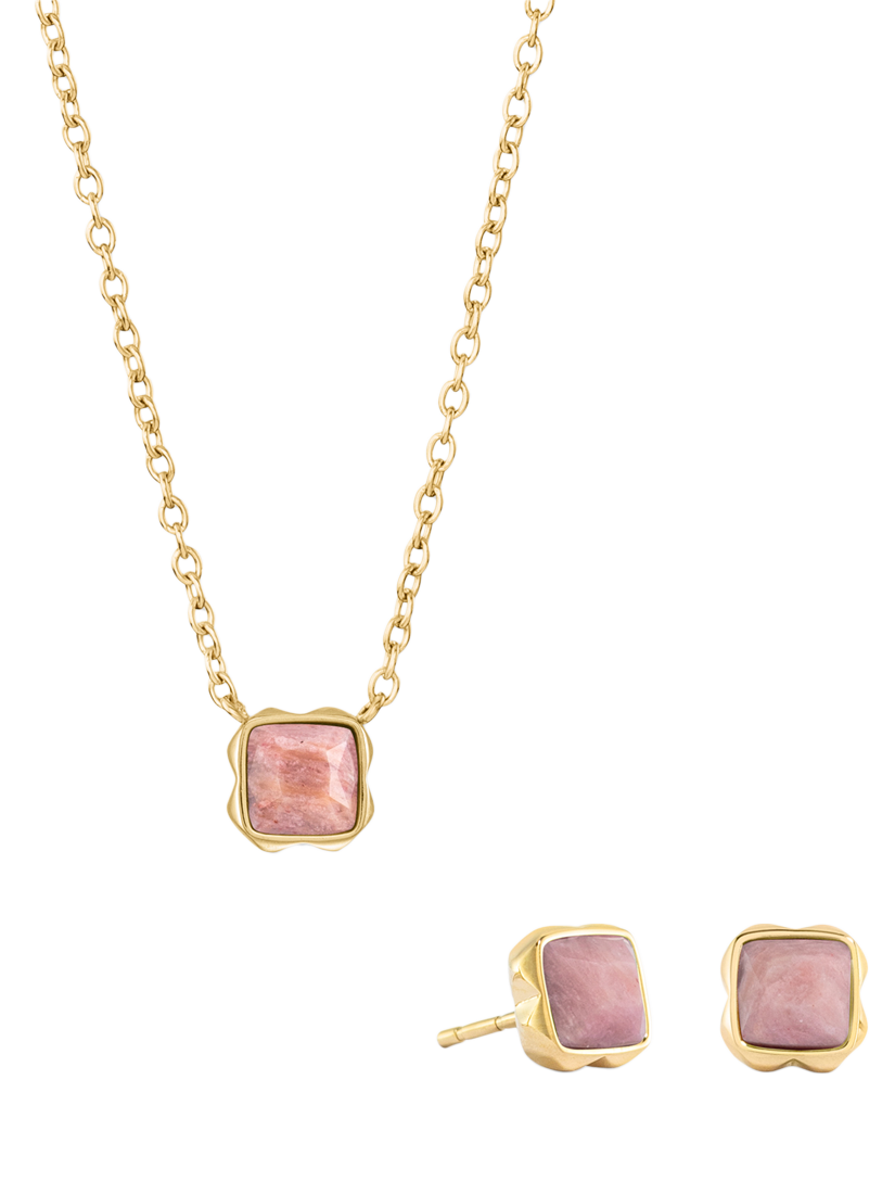 Product image 1 of 1, which shows COEUR DE LION Semi-Precious Stone Pendant Necklace and Stud Earring Set, Gold, Rhodochrosite/July