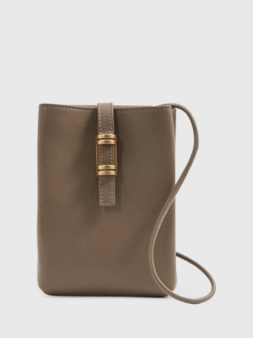 Product image 1 of 5, which shows Reiss Vienna Leather Cross Body Phone Bag, Taupe