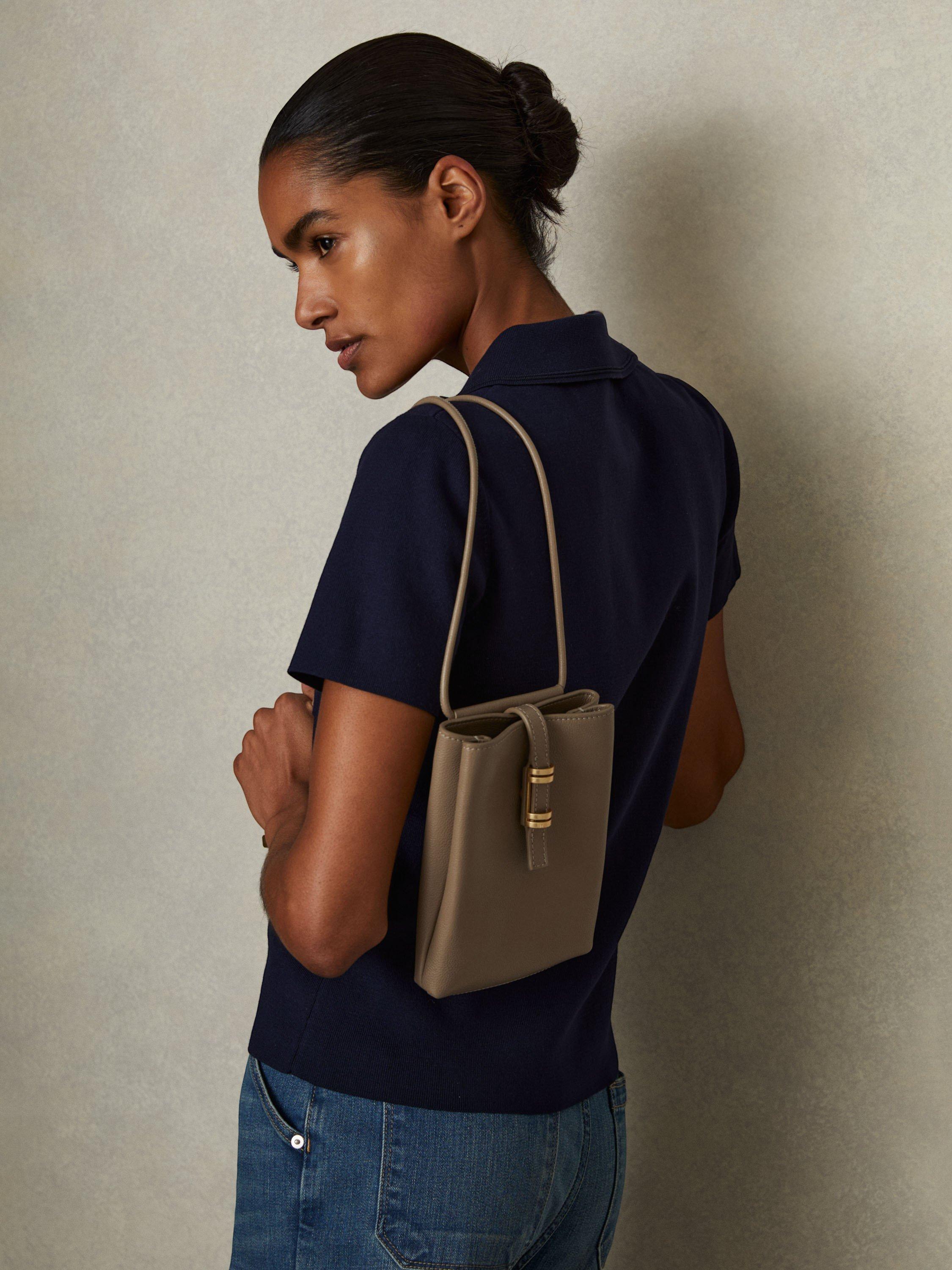 Product image 3 of 5, which shows Reiss Vienna Leather Cross Body Phone Bag, Taupe