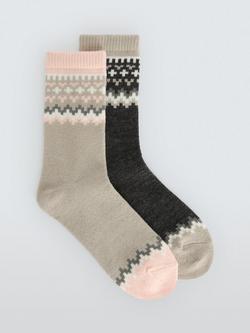 John Lewis Fairisle Acrylic Blend Socks, Pack of 2, Charocla/Pink