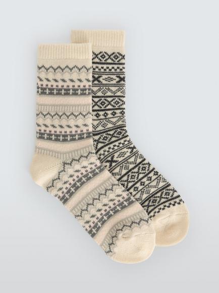 John Lewis Fairisle Acrylic Blend Socks, Pack of 2, Cream/Pink/Grey