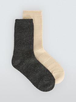 John Lewis Textured Wool Blend Ankle Socks, Pack of 2, Cream/Dark Grey, Cream/Dark Grey