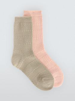 John Lewis Textured Wool Blend Ankle Socks, Pack of 2, Grey/Pink, Grey/Pink