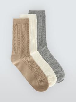 John Lewis Cable Knit Ankle Socks, Pack of 3, Beige/Ivory/Grey, Beige/Ivory/Grey