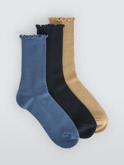 John Lewis Ribbed Frill Ankle Socks, Pack of 3, Navy/Tan/Blue, Navy/Tan/Blue