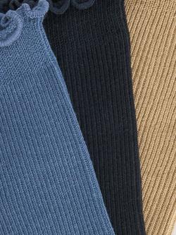John Lewis Ribbed Frill Ankle Socks, Pack of 3, Navy/Tan/Blue - view 2, Navy/Tan/Blue