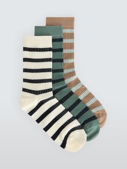 John Lewis Striped Ankle Socks, Pack of 3, Cream/Green/Beige/Multi, Cream/Green/Beige/Multi