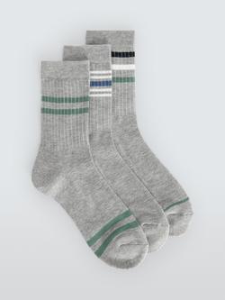John Lewis Terry Stripe Ankle Socks, Pack of 3, Grey Multi, Grey Multi