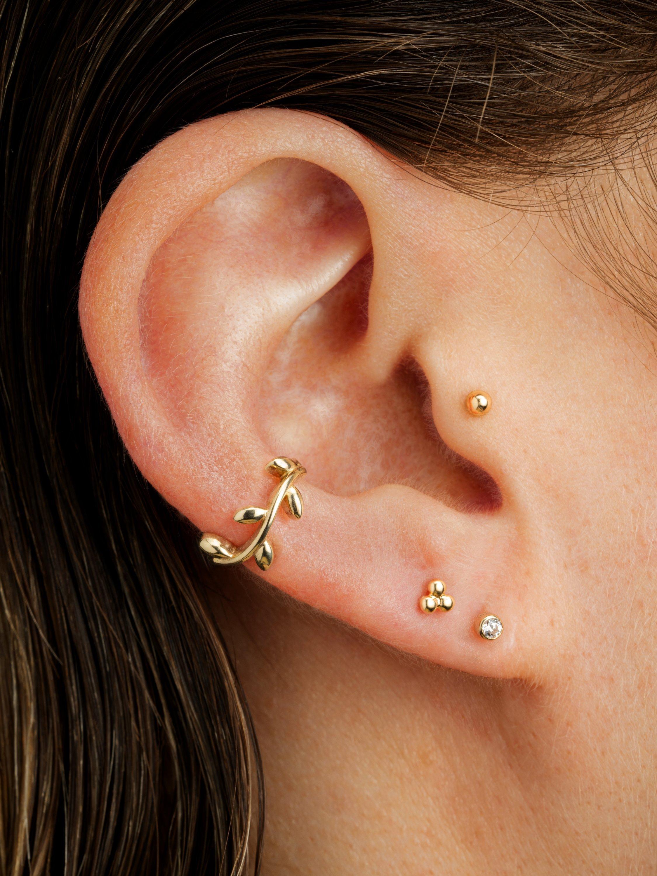 Product image 2 of 3, which shows Tish Lyon Flora 9ct Gold Vine Leaf Hoop Earring, Single, Gold