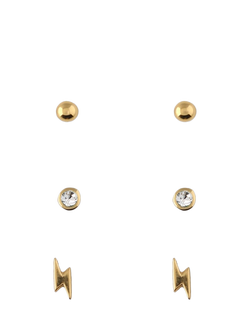 Orelia Crystal Stud & Lightning Earrings, Pack of 3, Pale Gold