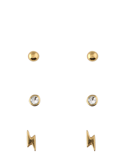 Orelia Crystal Stud & Lightning Earrings, Pack of 3, Pale Gold