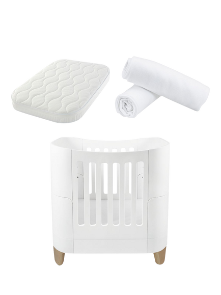 Gaia Baby Serena Mini Cot, Mattress, Mattress Protector and Sheets Bundle, White/Natural