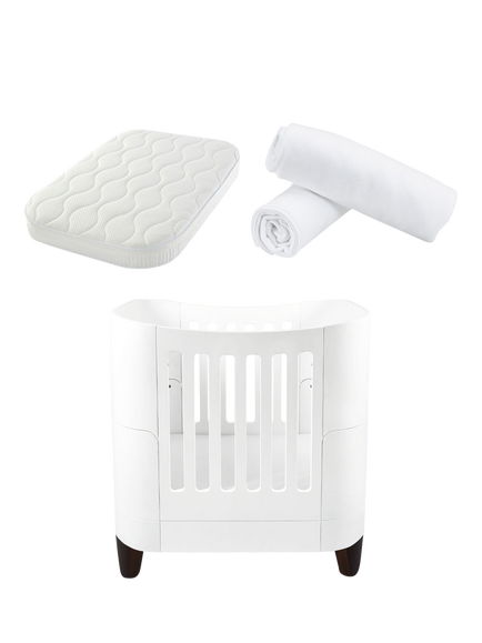 Gaia Baby Serena Mini Cot, Mattress, Mattress Protector and Sheets Bundle, White/Walnut