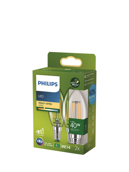 Philips Energy Efficient 2.3W E14 LED Non-Dimmable Bulb, Warm White, Pack of 2, Clear