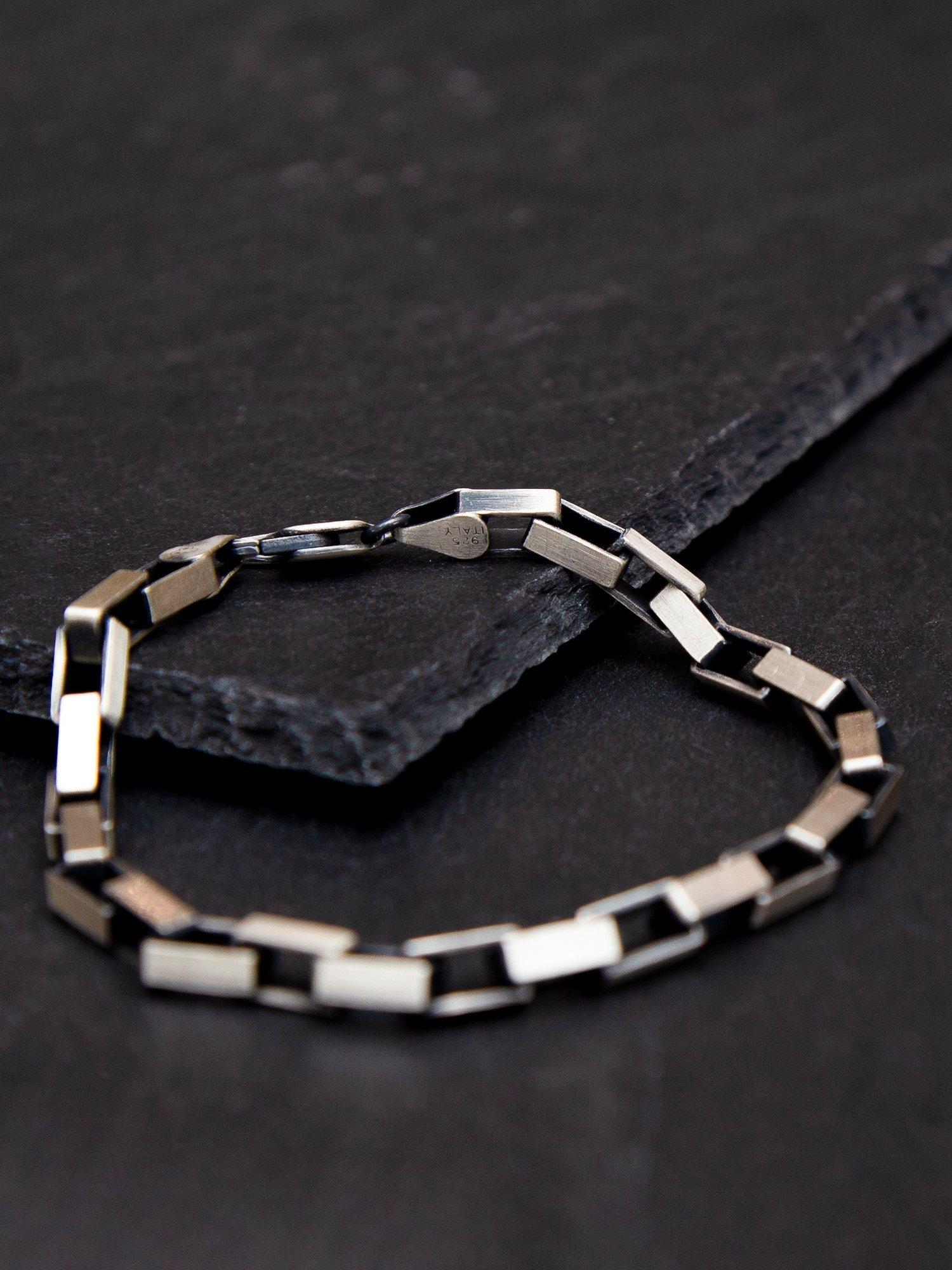 Men's Hoxton Bracelet in Sterling Silver and Black Leather