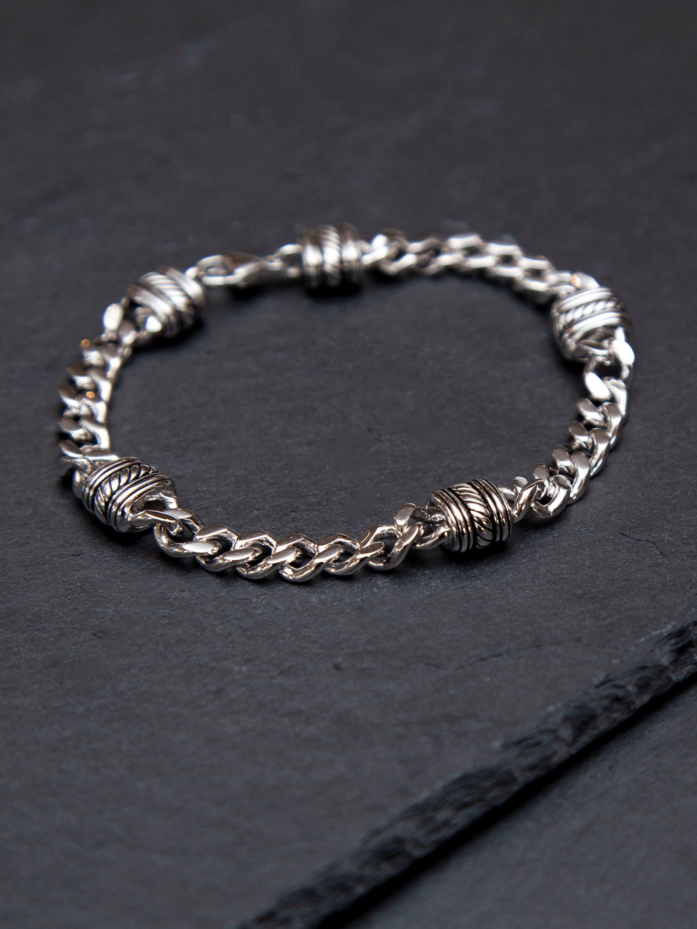Product image 3 of 4, which shows Hoxton London Men's Rhodium Plated Station Curb Bracelet, Silver