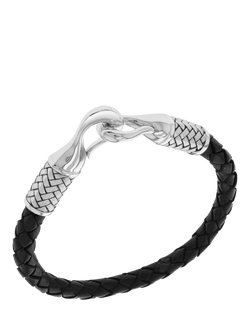 Hoxton London Men's Leather Woven Bracelet, Silver/Black, Silver/Black