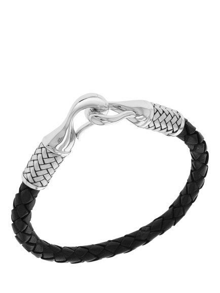 Hoxton London Men's Leather Woven Bracelet, Silver/Black, Silver/Black