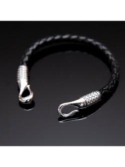 Hoxton London Men's Leather Woven Bracelet, Silver/Black - view 2, Silver/Black