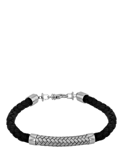 Hoxton London Men's Rhodium Plated Leather & Satin Bracelet, Silver, Silver