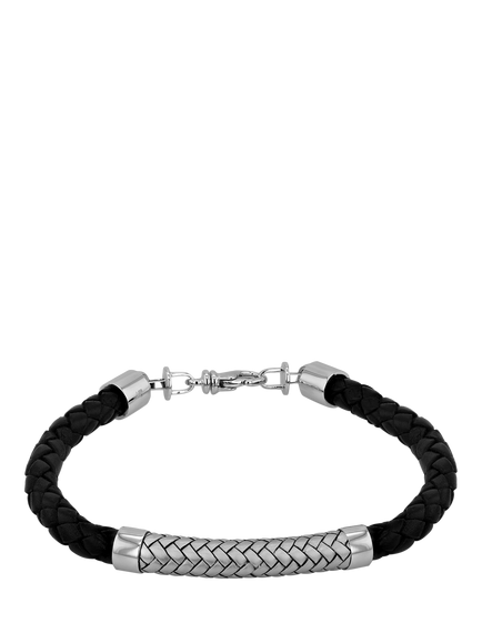 Hoxton London Men's Rhodium Plated Leather & Satin Bracelet, Silver, Silver
