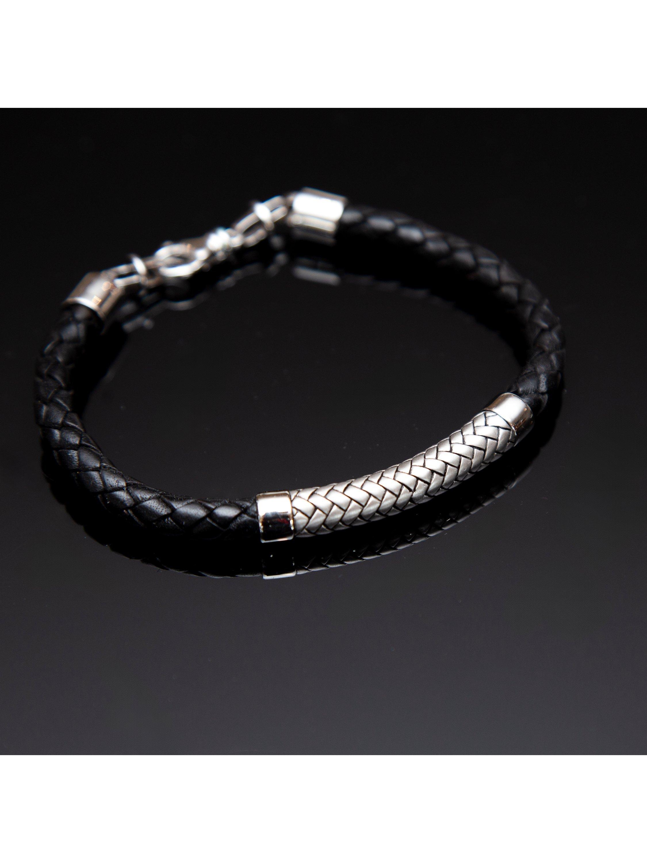 Product image 2 of 4, which shows Hoxton London Men's Rhodium Plated Leather & Satin Bracelet, Silver