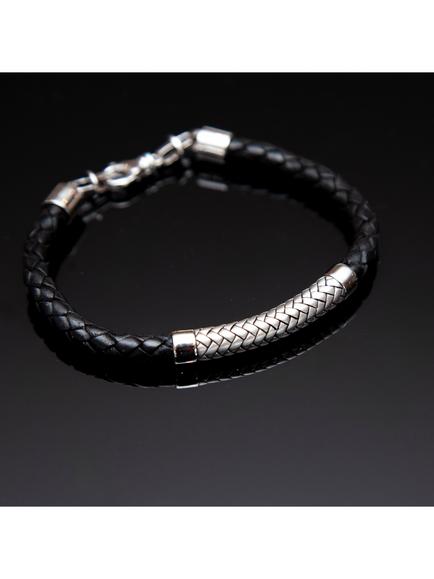 Hoxton London Men's Rhodium Plated Leather & Satin Bracelet, Silver - view 2, Silver
