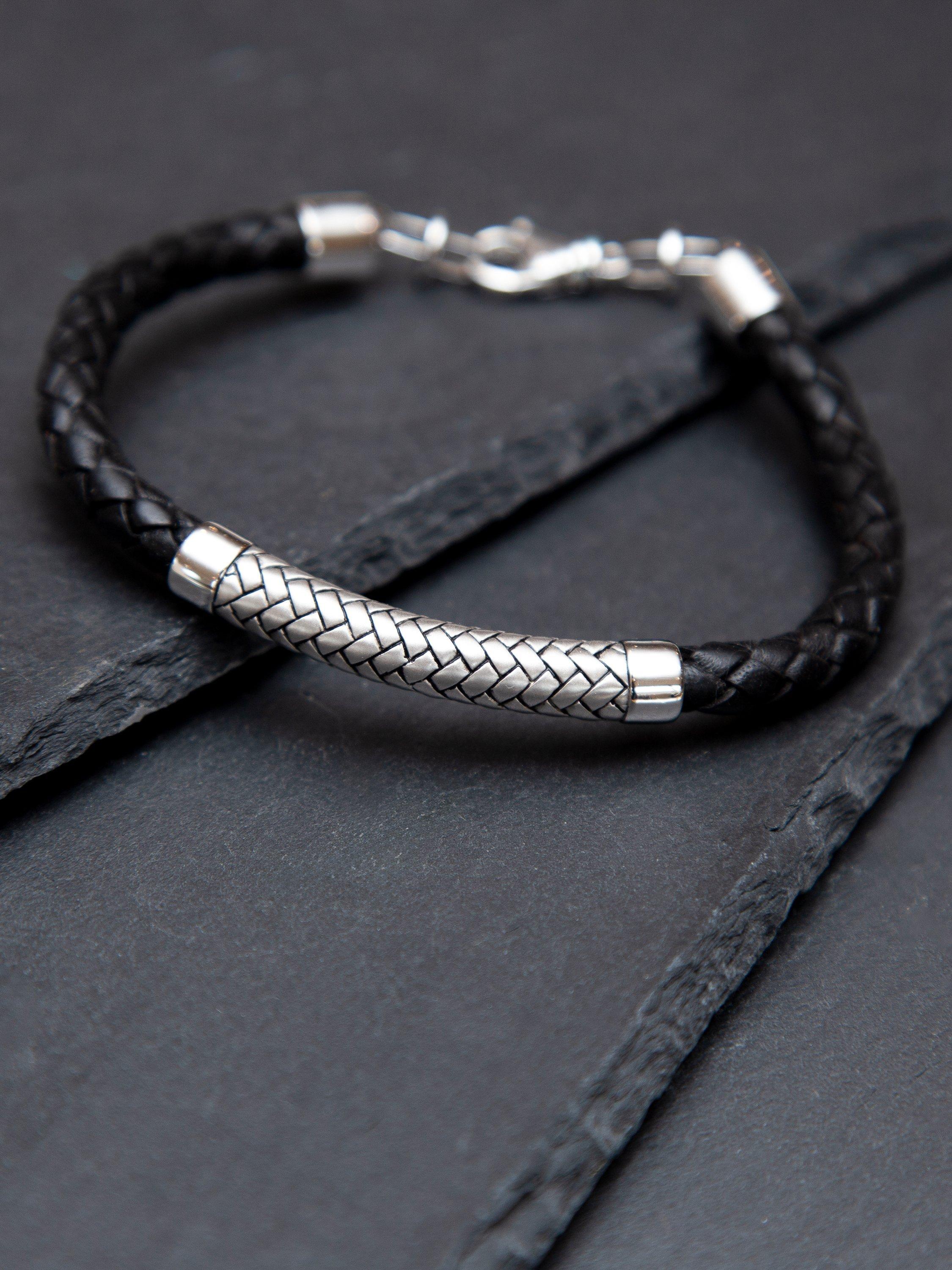 Product image 3 of 4, which shows Hoxton London Men's Rhodium Plated Leather & Satin Bracelet, Silver