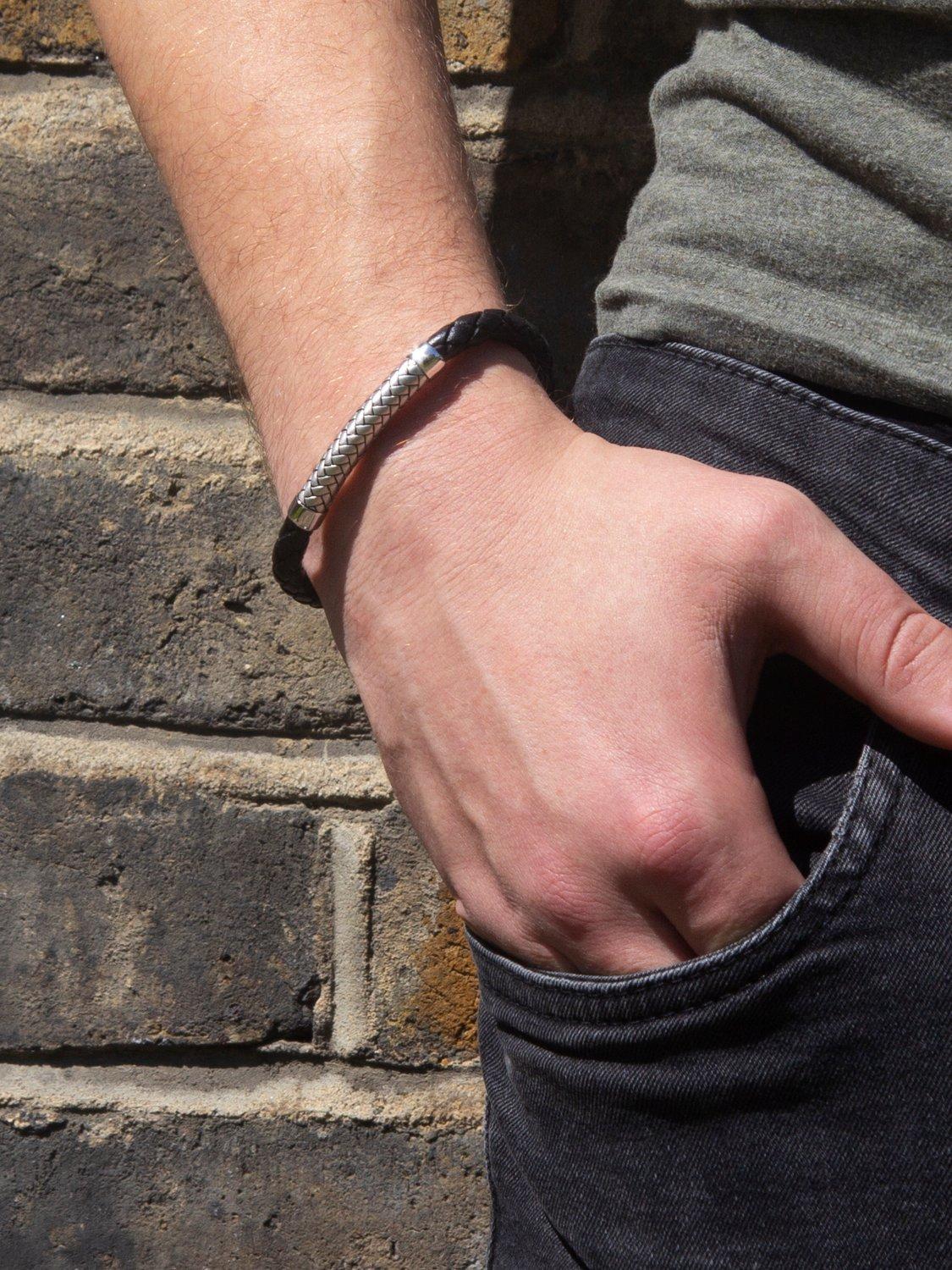 Product image 4 of 4, which shows Hoxton London Men's Rhodium Plated Leather & Satin Bracelet, Silver