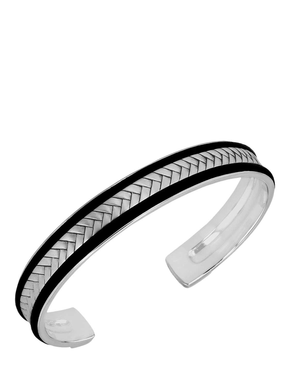 Product image 1 of 4, which shows Hoxton London Men's Leather & Satin Herringbone Bangle, Silver/Black