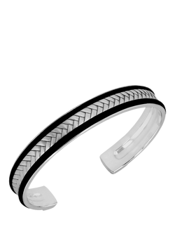 Hoxton London Men's Leather & Satin Herringbone Bangle, Silver/Black, Silver/Black