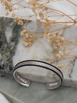 Hoxton London Men's Leather & Satin Herringbone Bangle, Silver/Black - view 2, Silver/Black