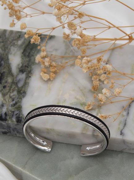 Hoxton London Men's Leather & Satin Herringbone Bangle, Silver/Black - view 2, Silver/Black