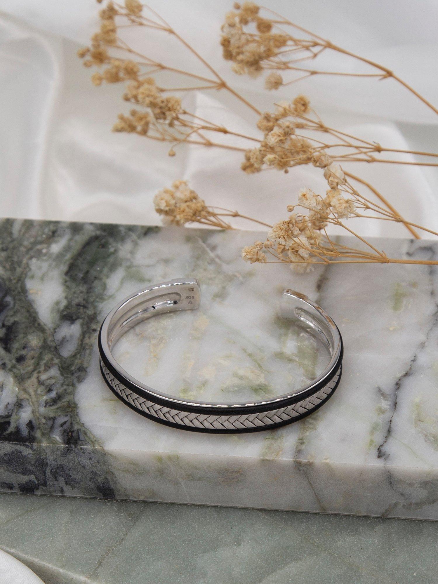 Product image 3 of 4, which shows Hoxton London Men's Leather & Satin Herringbone Bangle, Silver/Black