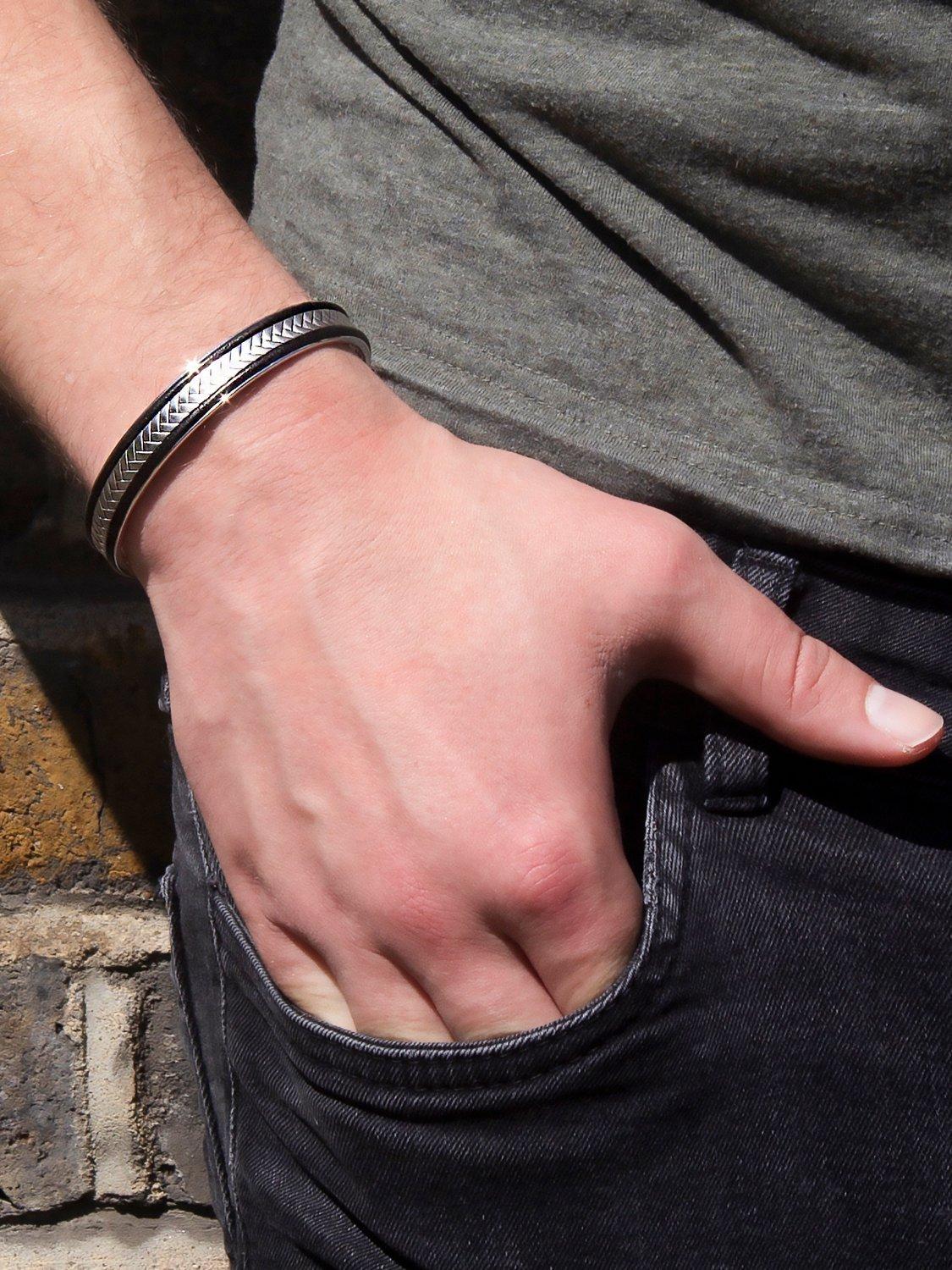 Product image 4 of 4, which shows Hoxton London Men's Leather & Satin Herringbone Bangle, Silver/Black