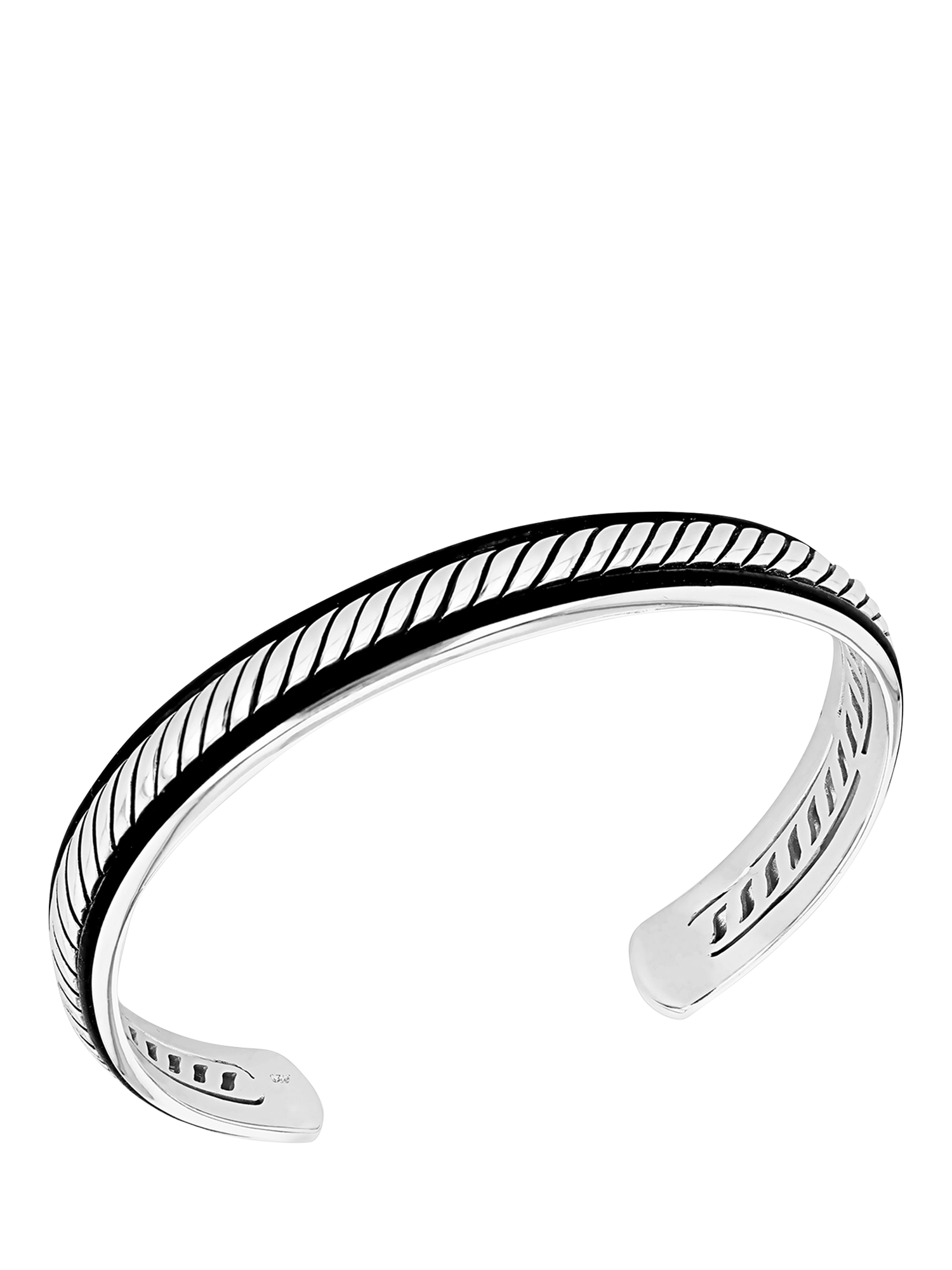 Hoxton London Men's Rhodium Plated Twist Leather Bangle, Silver/Black