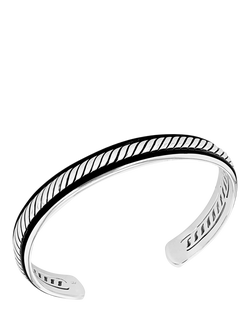 Hoxton London Men's Rhodium Plated Twist Leather Bangle, Silver/Black, Silver/Black