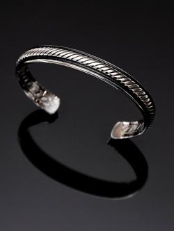 Hoxton London Men's Rhodium Plated Twist Leather Bangle, Silver/Black - view 2, Silver/Black