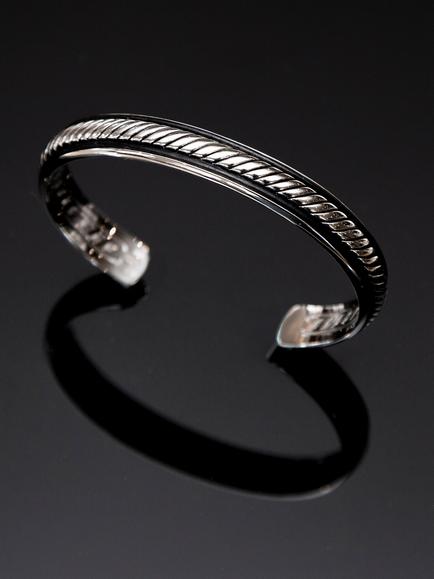 Hoxton London Men's Rhodium Plated Twist Leather Bangle, Silver/Black - view 2, Silver/Black