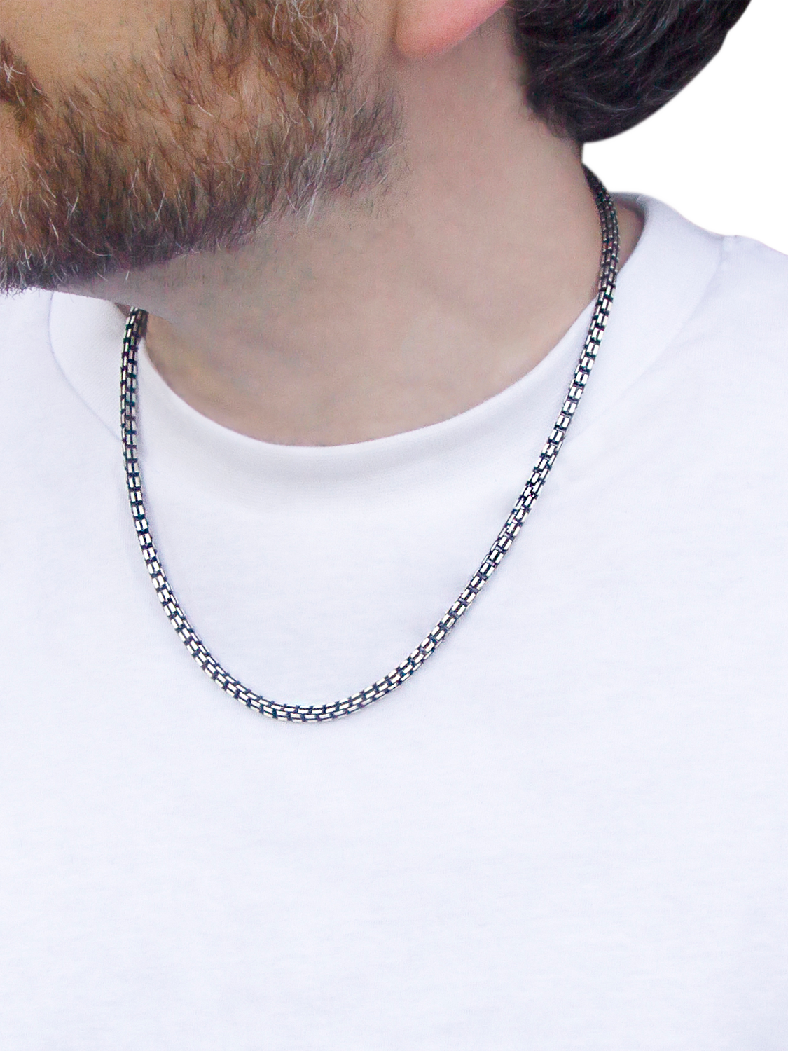 Product image 4 of 4, which shows Hoxton London Men's Oxidised Grooved Box Chain Necklace, Silver