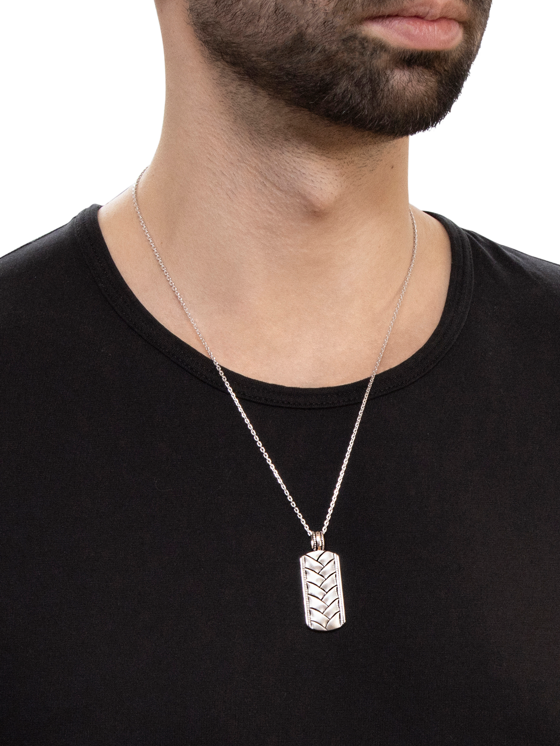 Product image 4 of 4, which shows Hoxton London Men's Rhodium Plated Braided Dog Tag Necklace, Silver