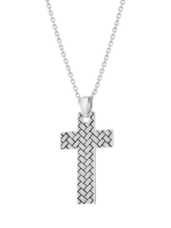 Hoxton London Men's Rhodium Plated Braided Cross Necklace, Silver, Silver