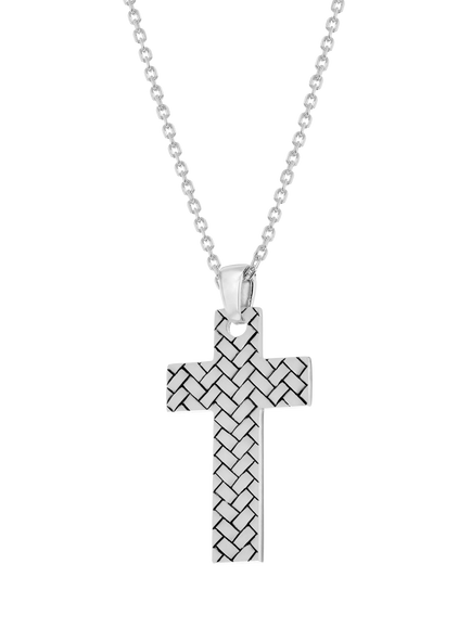 Hoxton London Men's Rhodium Plated Braided Cross Necklace, Silver, Silver