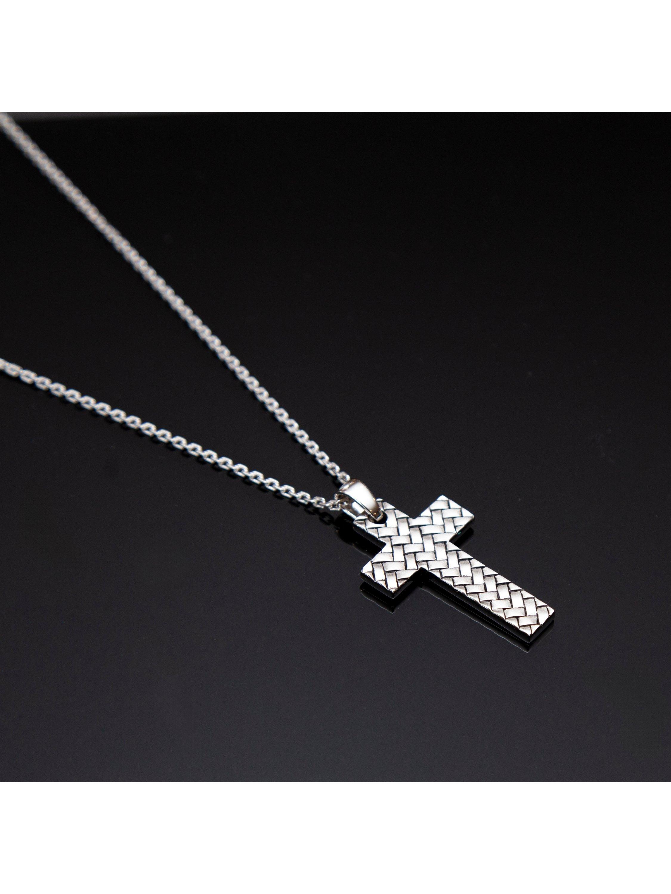Product image 2 of 4, which shows Hoxton London Men's Rhodium Plated Braided Cross Necklace, Silver