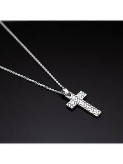 Hoxton London Men's Rhodium Plated Braided Cross Necklace, Silver - view 2, Silver
