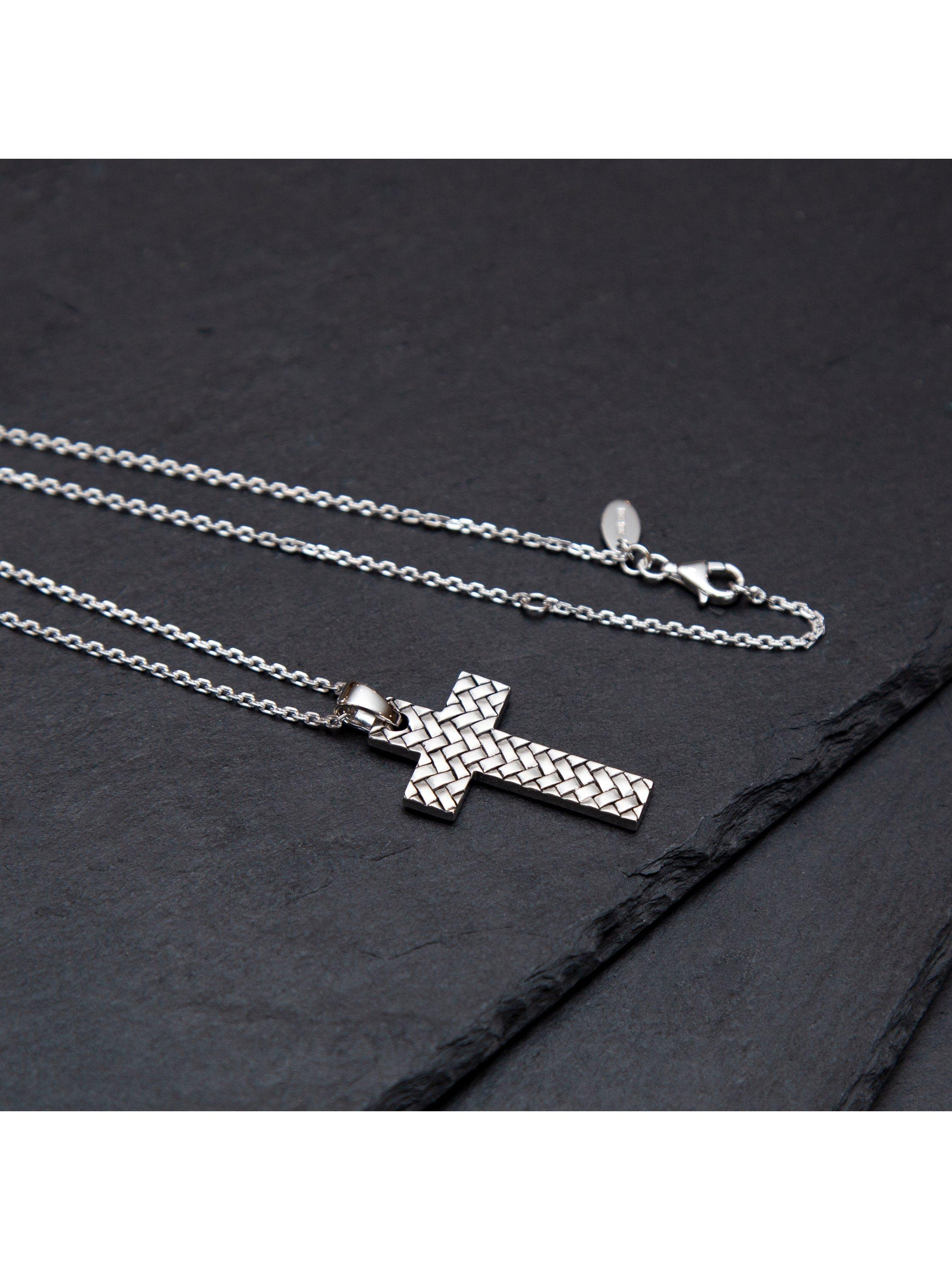 Product image 3 of 4, which shows Hoxton London Men's Rhodium Plated Braided Cross Necklace, Silver